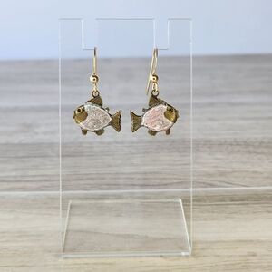 Bronze Fish With Pink Marble Color Dangle Earrings Gold Tone Fish Hook Backs